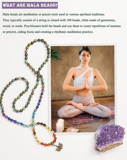 7 Chakra 108 Mala Beads Bracelet Real Gemstone Yoga Meditation Hand Knotted Mala Prayer Bead Necklace