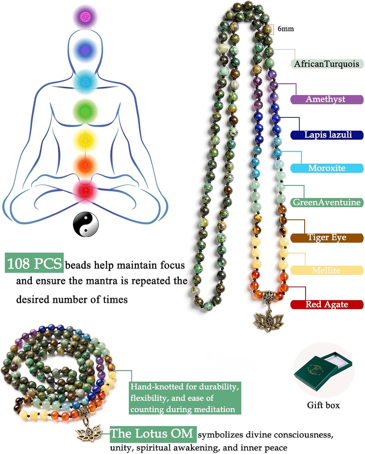 7 Chakra 108 Mala Beads Bracelet Real Gemstone Yoga Meditation Hand Knotted Mala Prayer Bead Necklace