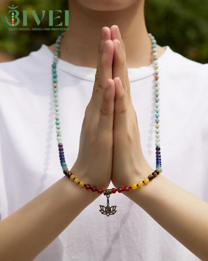 7 Chakra 108 Mala Beads Bracelet Real Gemstone Yoga Meditation Hand Knotted Mala Prayer Bead Necklace