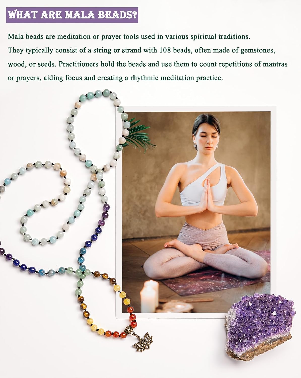 7 Chakra 108 Mala Beads Bracelet Real Gemstone Yoga Meditation Hand Knotted Mala Prayer Bead Necklace