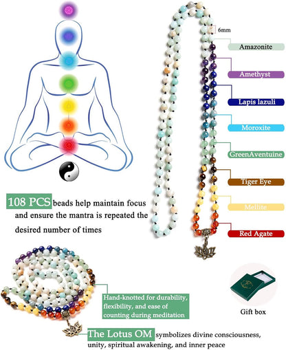 7 Chakra 108 Mala Beads Bracelet Real Gemstone Yoga Meditation Hand Knotted Mala Prayer Bead Necklace