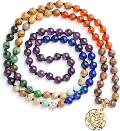 7 Chakra 108 Mala Beads Bracelet Real Gemstone Yoga Meditation Hand Knotted Mala Prayer Bead Necklace