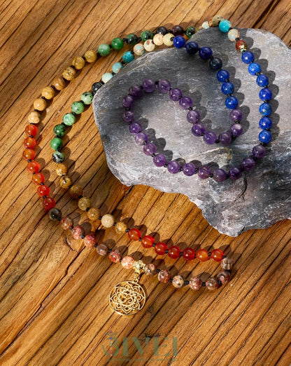 7 Chakra 108 Mala Beads Bracelet Real Gemstone Yoga Meditation Hand Knotted Mala Prayer Bead Necklace