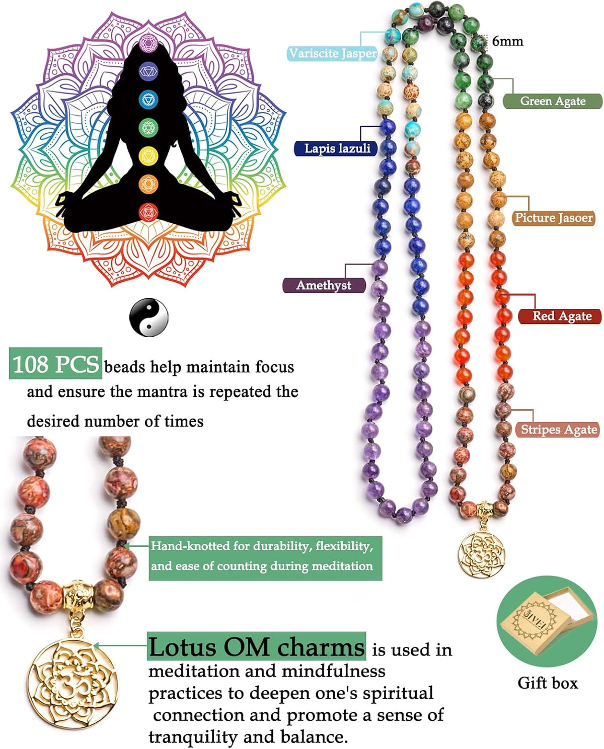 7 Chakra 108 Mala Beads Bracelet Real Gemstone Yoga Meditation Hand Knotted Mala Prayer Bead Necklace