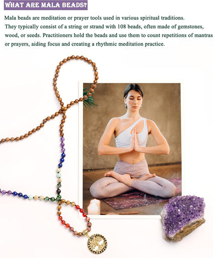 7 Chakra 108 Mala Beads Bracelet Real Gemstone Yoga Meditation Hand Knotted Mala Prayer Bead Necklace