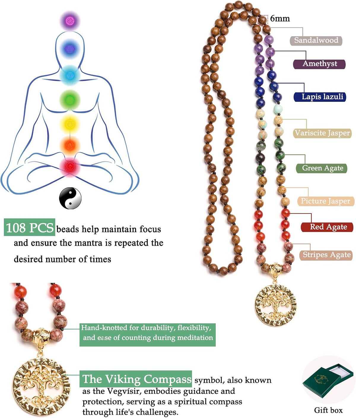 7 Chakra 108 Mala Beads Bracelet Real Gemstone Yoga Meditation Hand Knotted Mala Prayer Bead Necklace