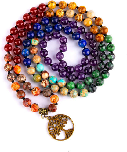 7 Chakra 108 Mala Beads Bracelet Real Gemstone Yoga Meditation Hand Knotted Mala Prayer Bead Necklace