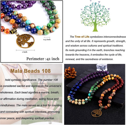 7 Chakra 108 Mala Beads Bracelet Real Gemstone Yoga Meditation Hand Knotted Mala Prayer Bead Necklace