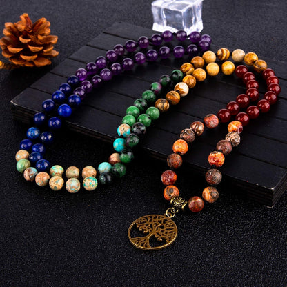7 Chakra 108 Mala Beads Bracelet Real Gemstone Yoga Meditation Hand Knotted Mala Prayer Bead Necklace