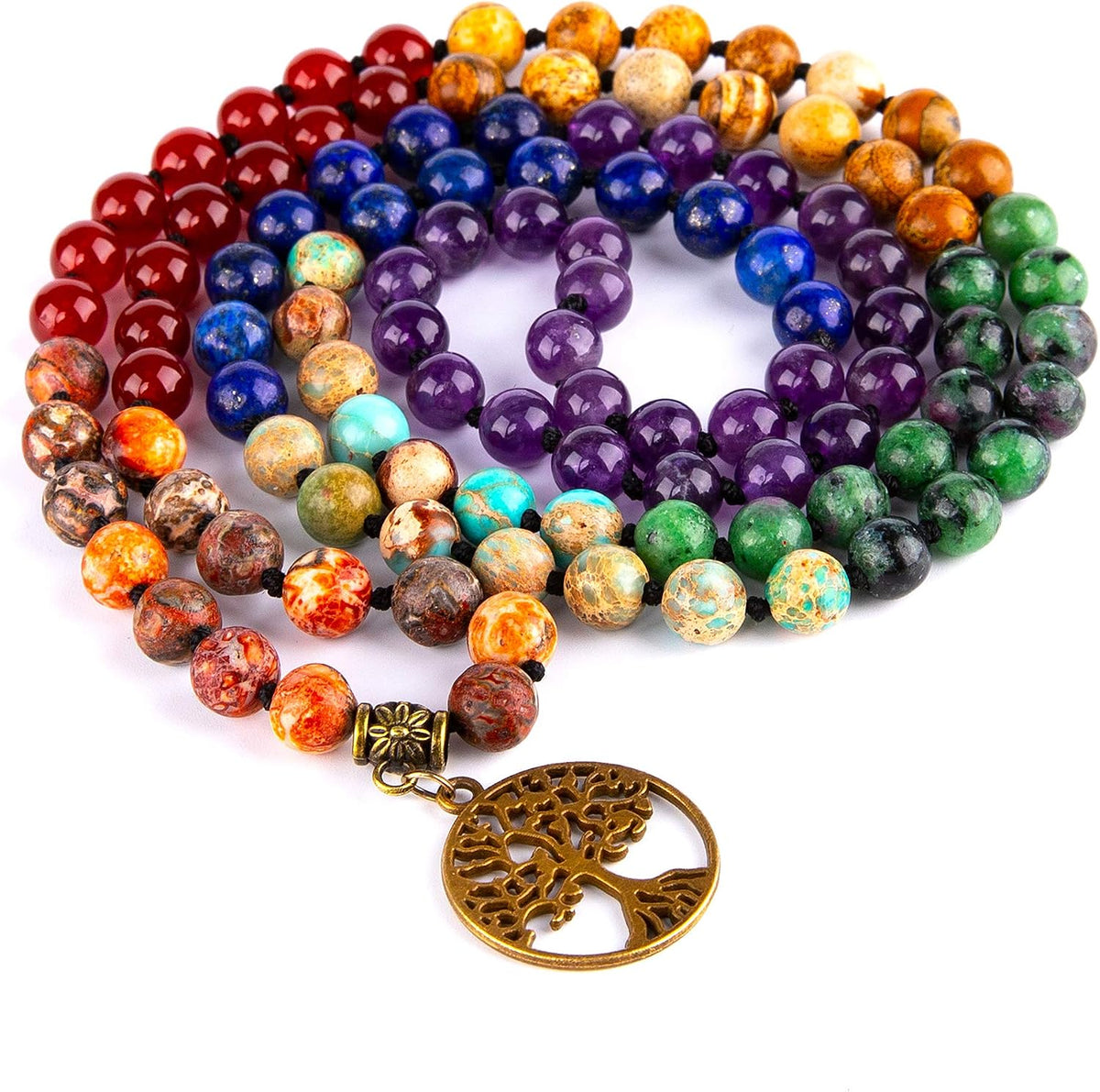 7 Chakra 108 Mala Beads Bracelet Real Gemstone Yoga Meditation Hand Knotted Mala Prayer Bead Necklace