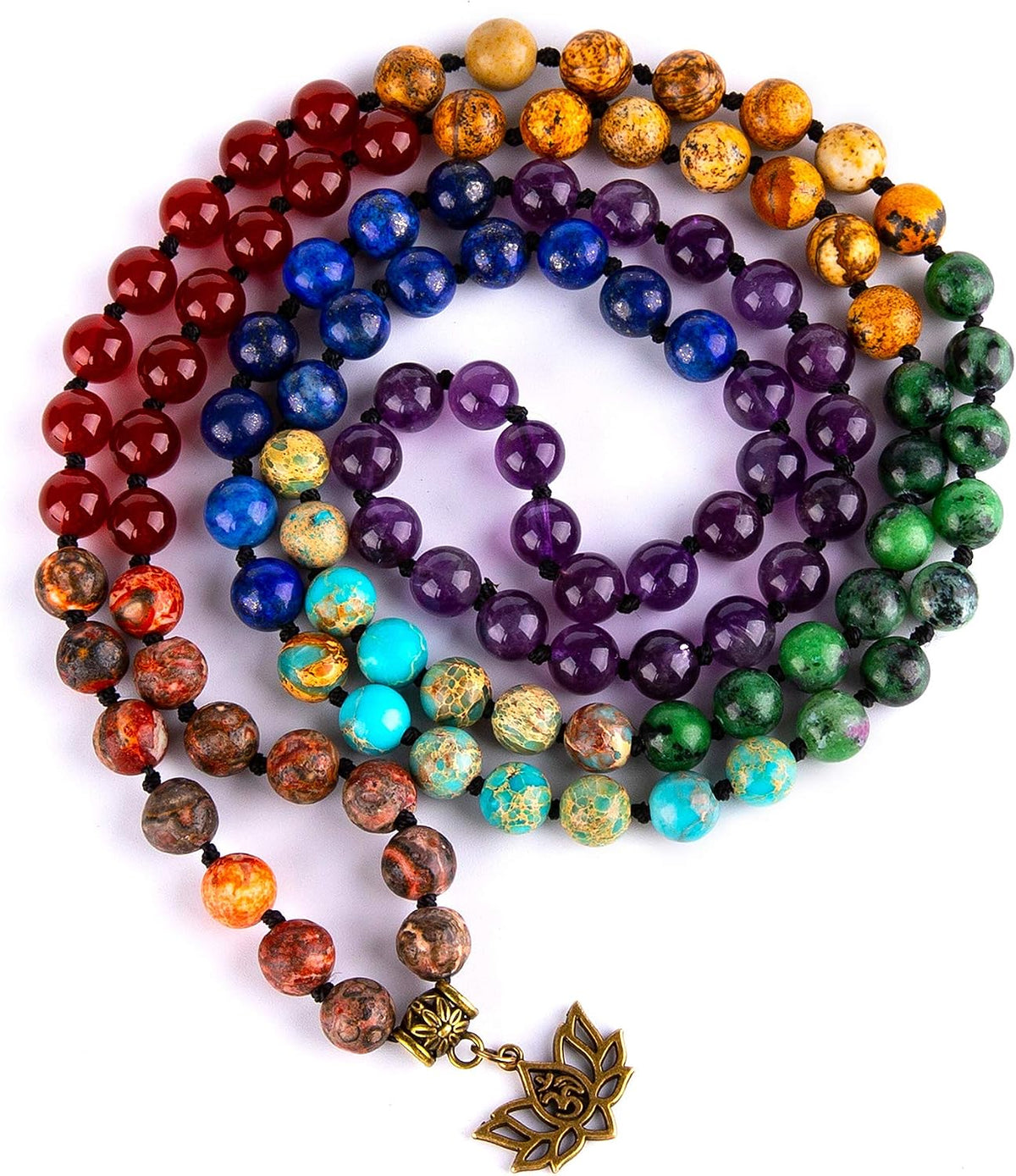 7 Chakra 108 Mala Beads Bracelet Real Gemstone Yoga Meditation Hand Knotted Mala Prayer Bead Necklace