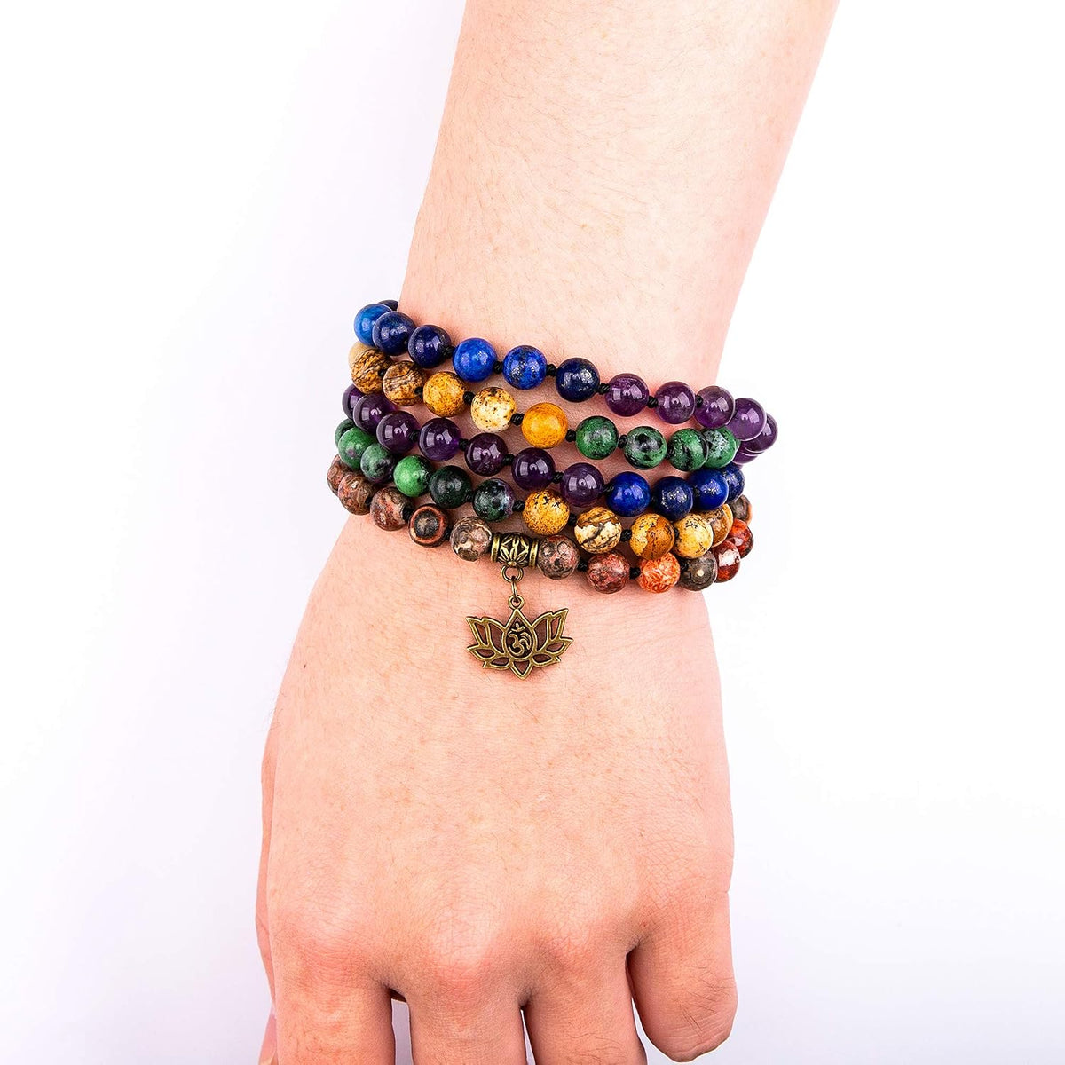7 Chakra 108 Mala Beads Bracelet Real Gemstone Yoga Meditation Hand Knotted Mala Prayer Bead Necklace