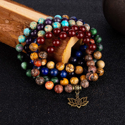 7 Chakra 108 Mala Beads Bracelet Real Gemstone Yoga Meditation Hand Knotted Mala Prayer Bead Necklace