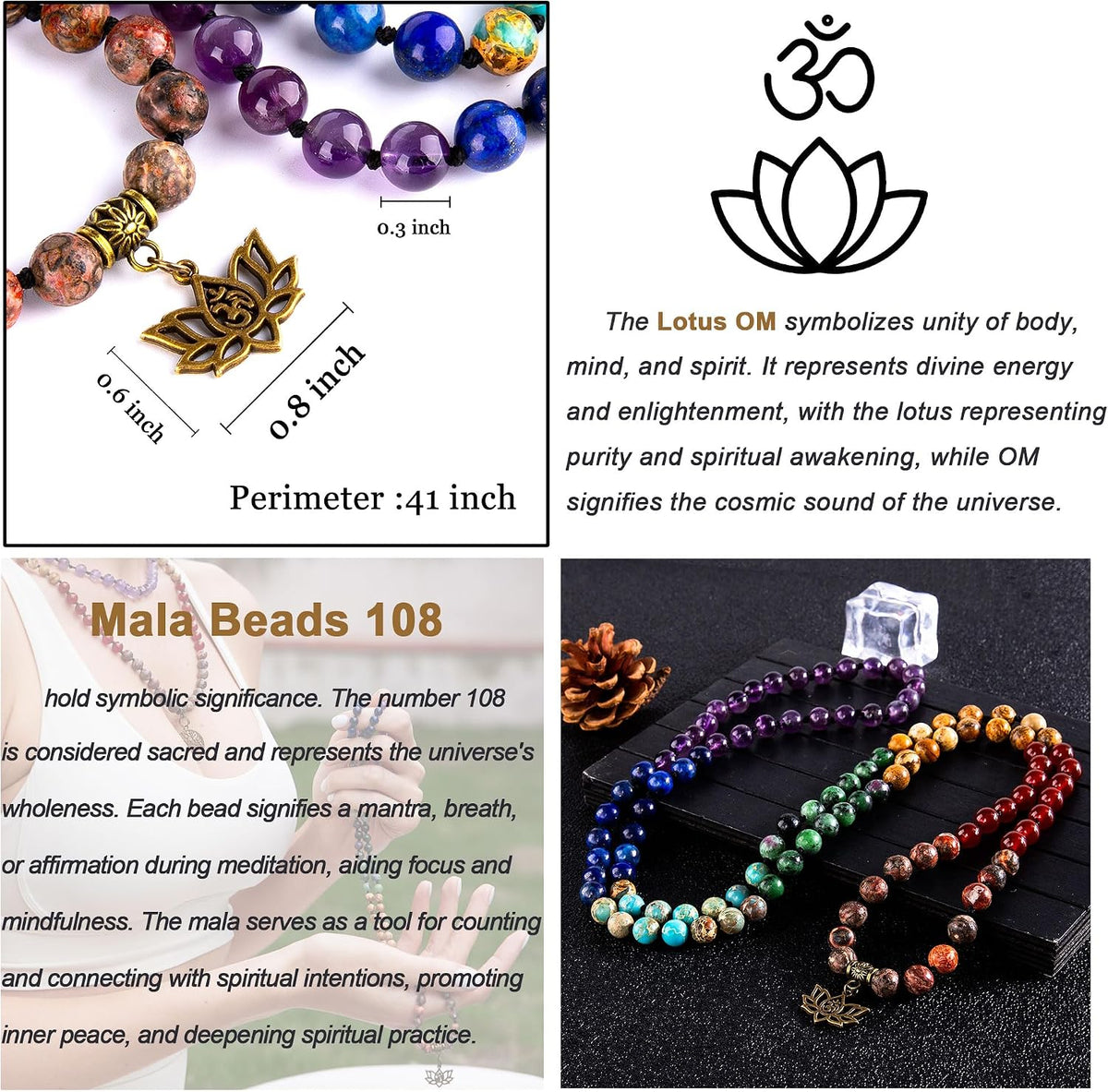 7 Chakra 108 Mala Beads Bracelet Real Gemstone Yoga Meditation Hand Knotted Mala Prayer Bead Necklace