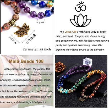 7 Chakra 108 Mala Beads Bracelet Real Gemstone Yoga Meditation Hand Knotted Mala Prayer Bead Necklace