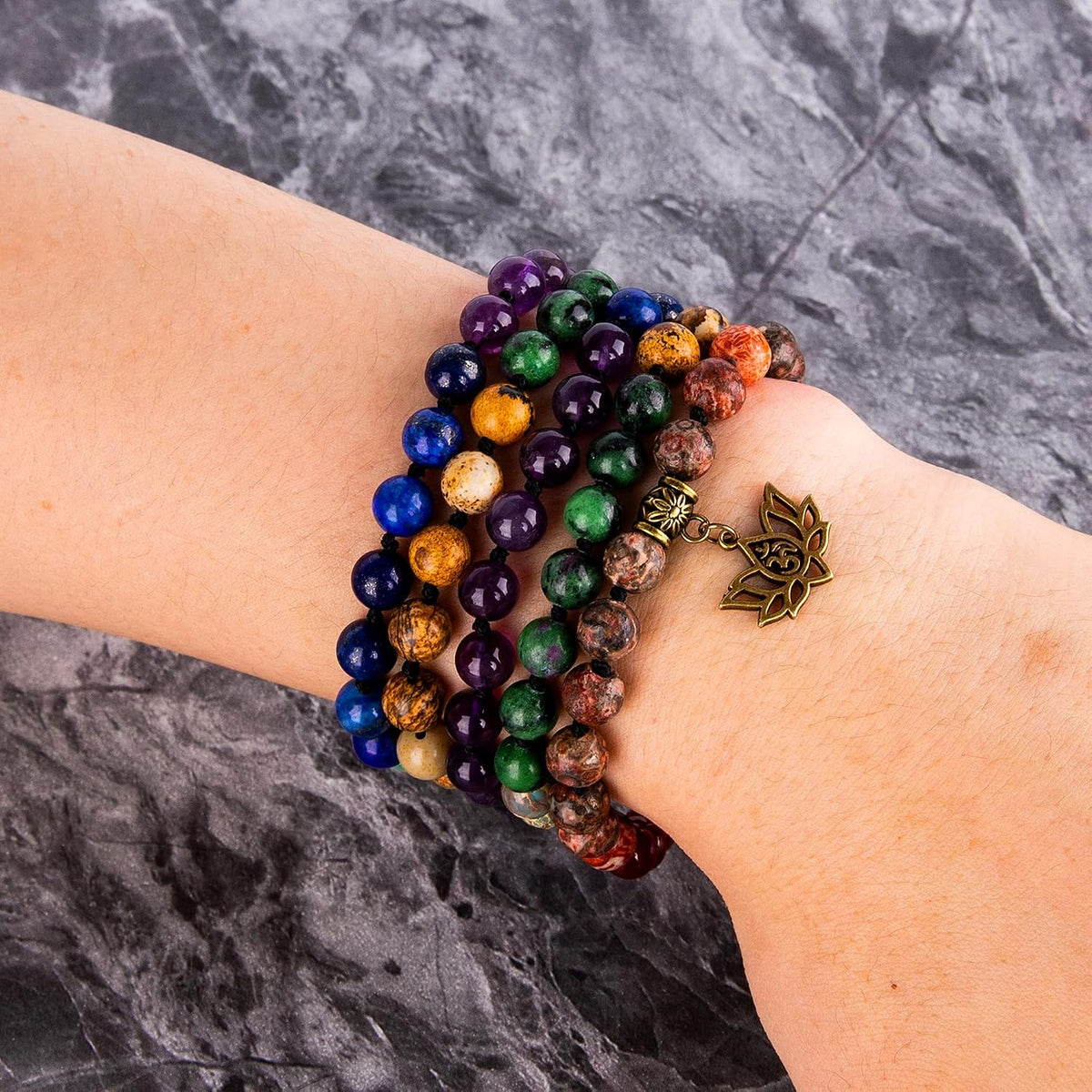 7 Chakra 108 Mala Beads Bracelet Real Gemstone Yoga Meditation Hand Knotted Mala Prayer Bead Necklace