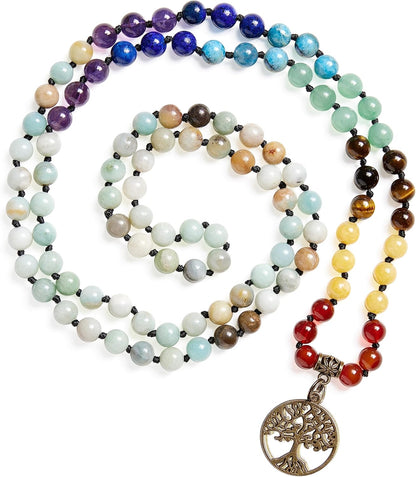 7 Chakra 108 Mala Beads Bracelet Real Gemstone Yoga Meditation Hand Knotted Mala Prayer Bead Necklace
