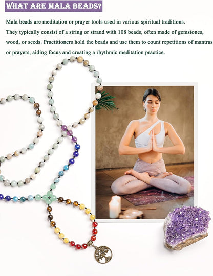 7 Chakra 108 Mala Beads Bracelet Real Gemstone Yoga Meditation Hand Knotted Mala Prayer Bead Necklace