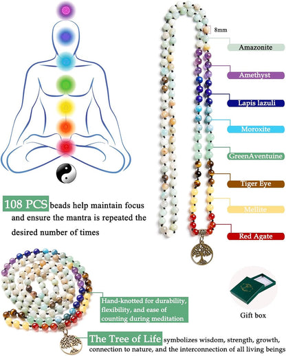 7 Chakra 108 Mala Beads Bracelet Real Gemstone Yoga Meditation Hand Knotted Mala Prayer Bead Necklace