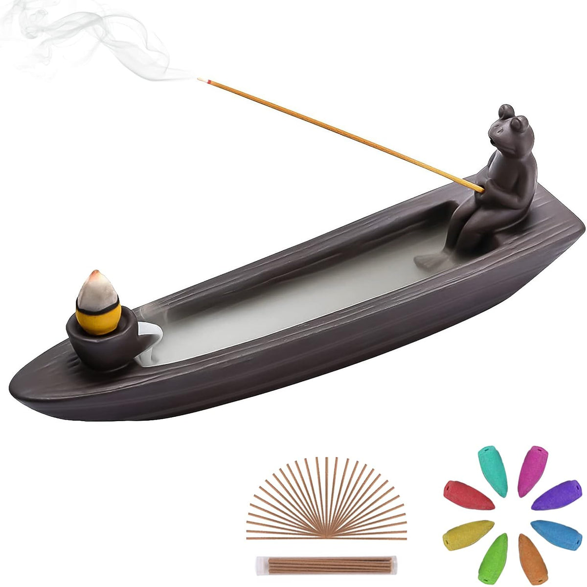 Frog Incense Holder Waterfall - Ceramic Cone Backflow Incense Burner Smoke Fountain, Back Flowing Incense Diffuser with 45 Sticks & 12 Cones, Frog Ornament for Aromatherapy/Yoga/Home Decor