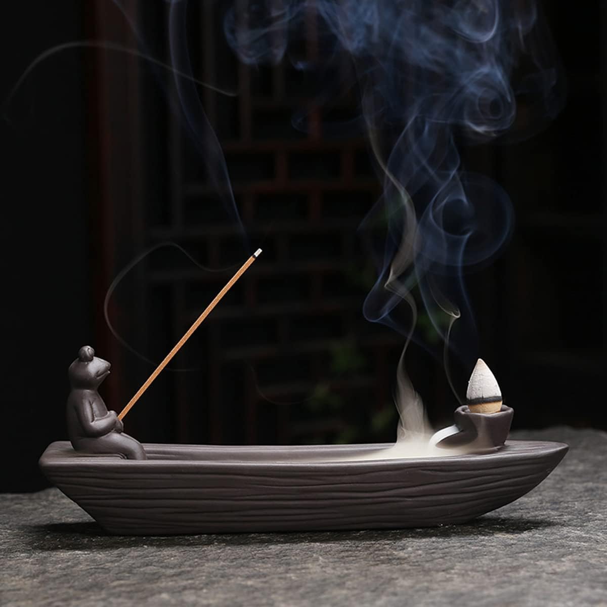 Frog Incense Holder Waterfall - Ceramic Cone Backflow Incense Burner Smoke Fountain, Back Flowing Incense Diffuser with 45 Sticks & 12 Cones, Frog Ornament for Aromatherapy/Yoga/Home Decor