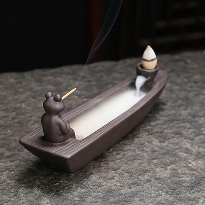 Frog Incense Holder Waterfall - Ceramic Cone Backflow Incense Burner Smoke Fountain, Back Flowing Incense Diffuser with 45 Sticks & 12 Cones, Frog Ornament for Aromatherapy/Yoga/Home Decor