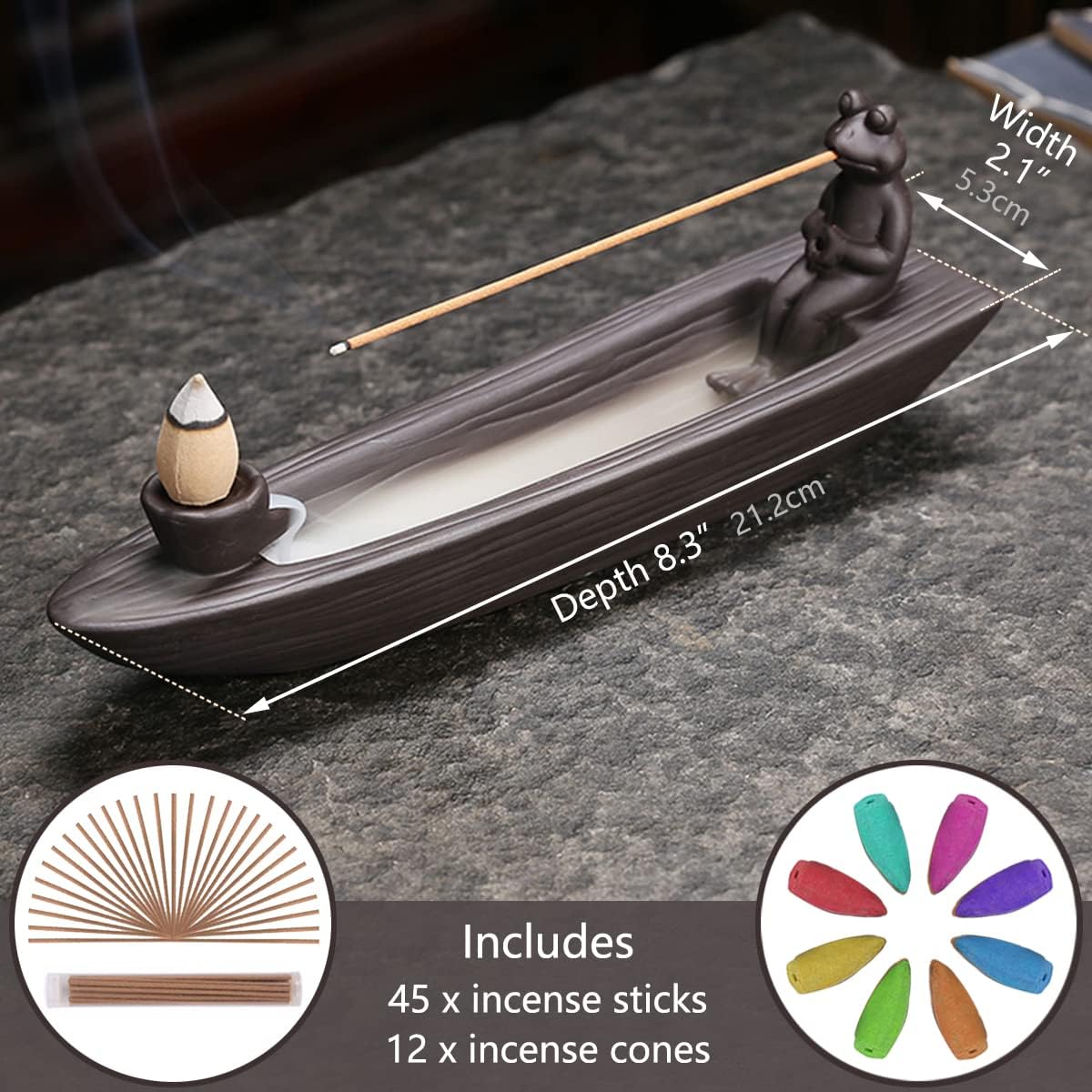 Frog Incense Holder Waterfall - Ceramic Cone Backflow Incense Burner Smoke Fountain, Back Flowing Incense Diffuser with 45 Sticks & 12 Cones, Frog Ornament for Aromatherapy/Yoga/Home Decor
