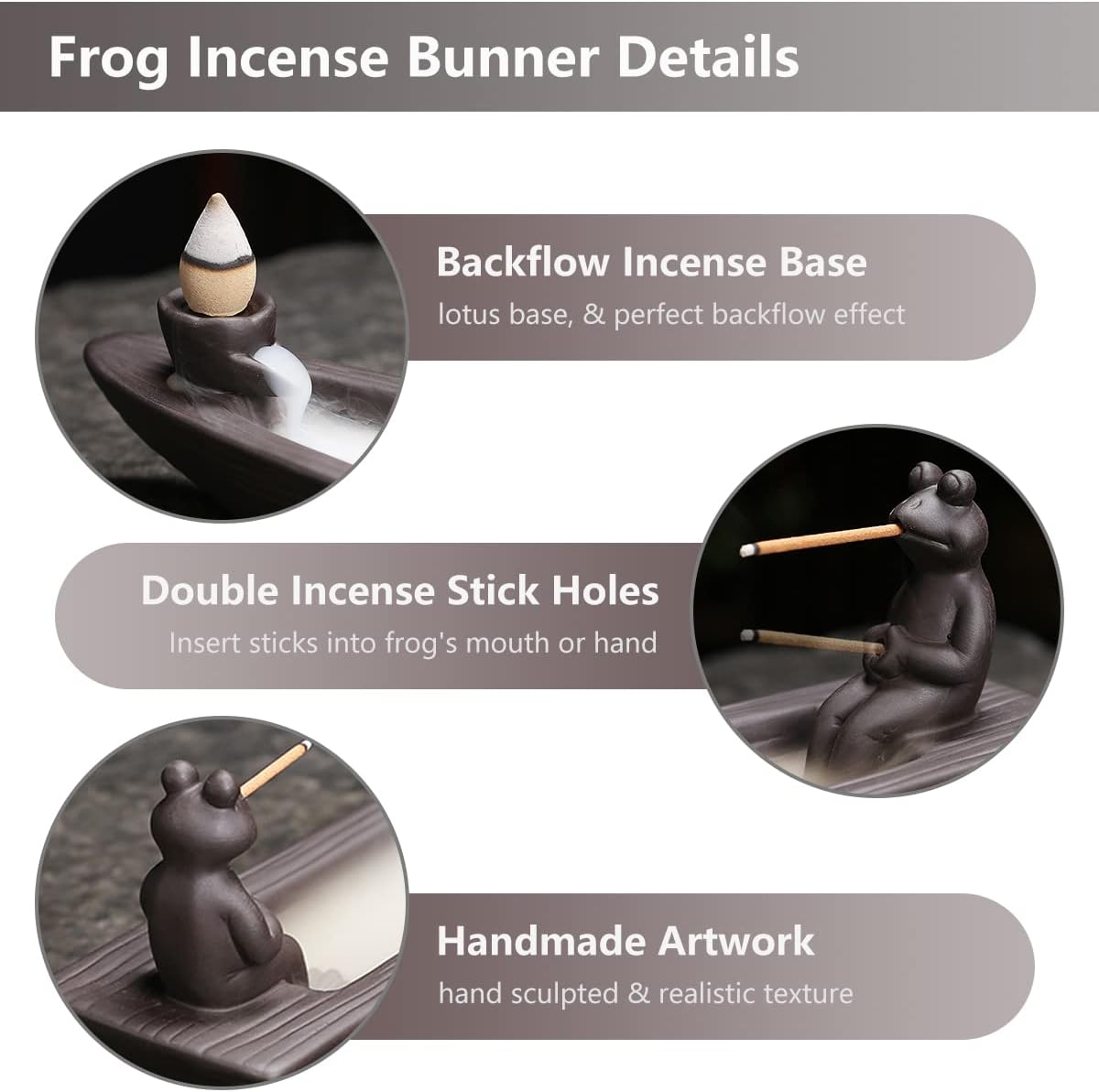Frog Incense Holder Waterfall - Ceramic Cone Backflow Incense Burner Smoke Fountain, Back Flowing Incense Diffuser with 45 Sticks & 12 Cones, Frog Ornament for Aromatherapy/Yoga/Home Decor