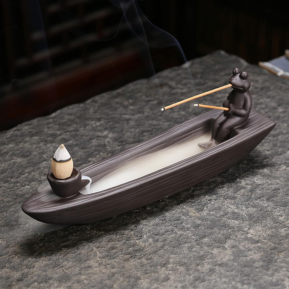 Frog Incense Holder Waterfall - Ceramic Cone Backflow Incense Burner Smoke Fountain, Back Flowing Incense Diffuser with 45 Sticks & 12 Cones, Frog Ornament for Aromatherapy/Yoga/Home Decor