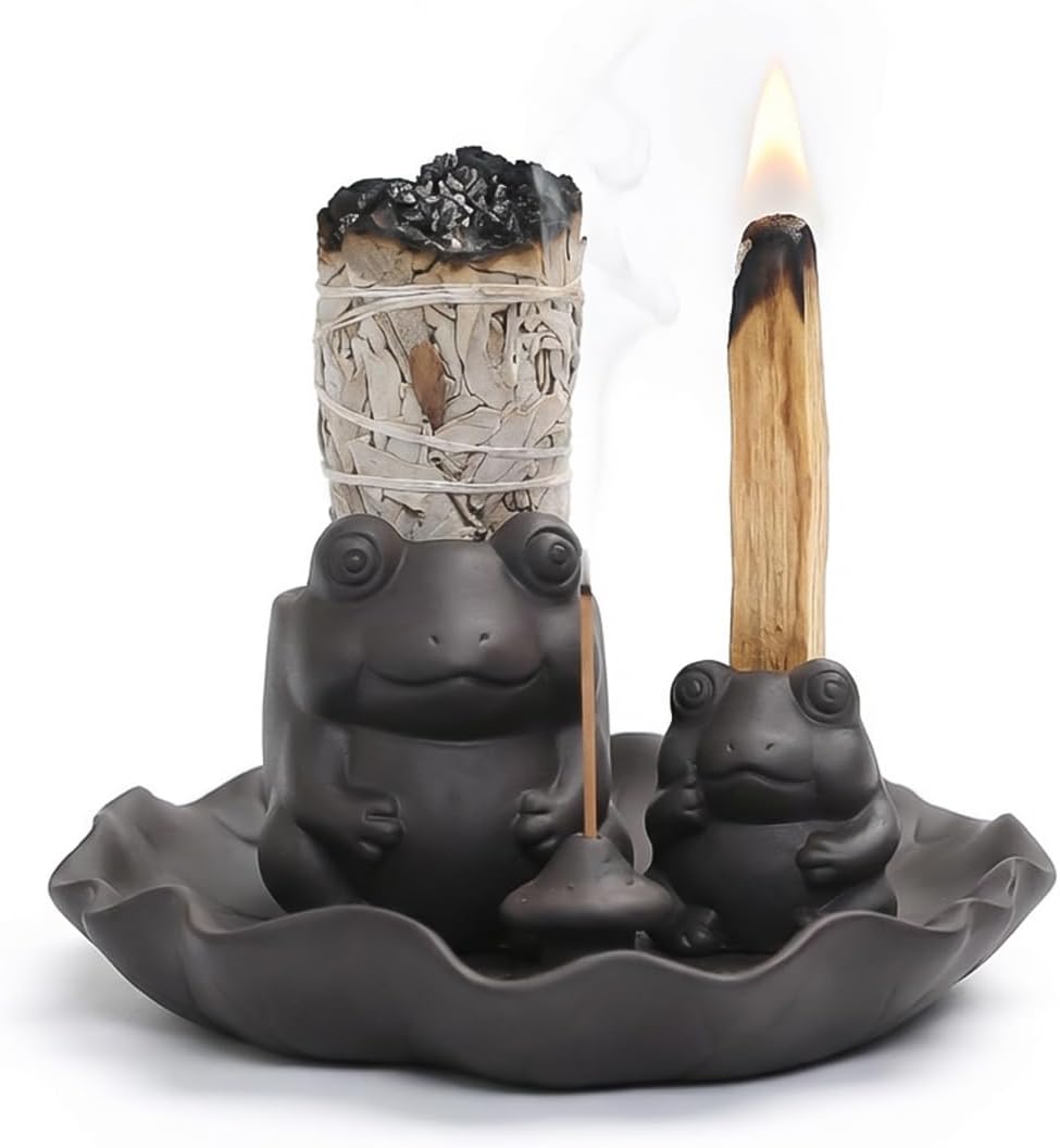 Frog Incense Holder Waterfall - Ceramic Cone Backflow Incense Burner Smoke Fountain, Back Flowing Incense Diffuser with 45 Sticks & 12 Cones, Frog Ornament for Aromatherapy/Yoga/Home Decor