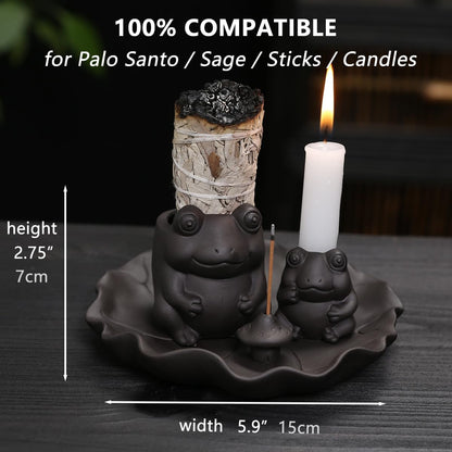 Frog Incense Holder Waterfall - Ceramic Cone Backflow Incense Burner Smoke Fountain, Back Flowing Incense Diffuser with 45 Sticks & 12 Cones, Frog Ornament for Aromatherapy/Yoga/Home Decor