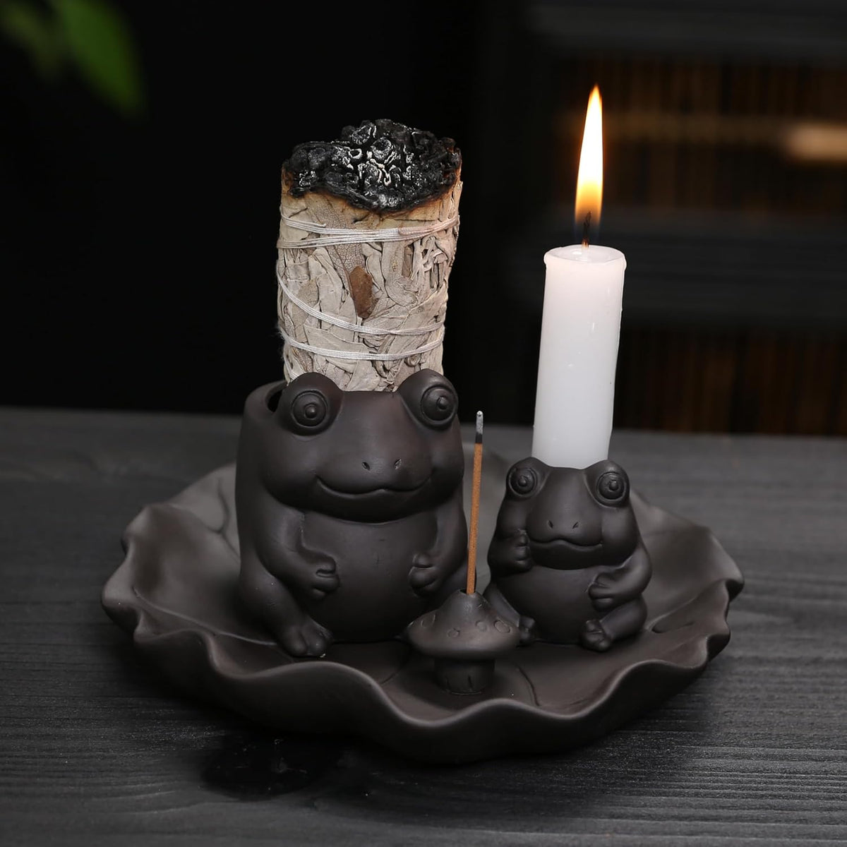 Frog Incense Holder Waterfall - Ceramic Cone Backflow Incense Burner Smoke Fountain, Back Flowing Incense Diffuser with 45 Sticks & 12 Cones, Frog Ornament for Aromatherapy/Yoga/Home Decor