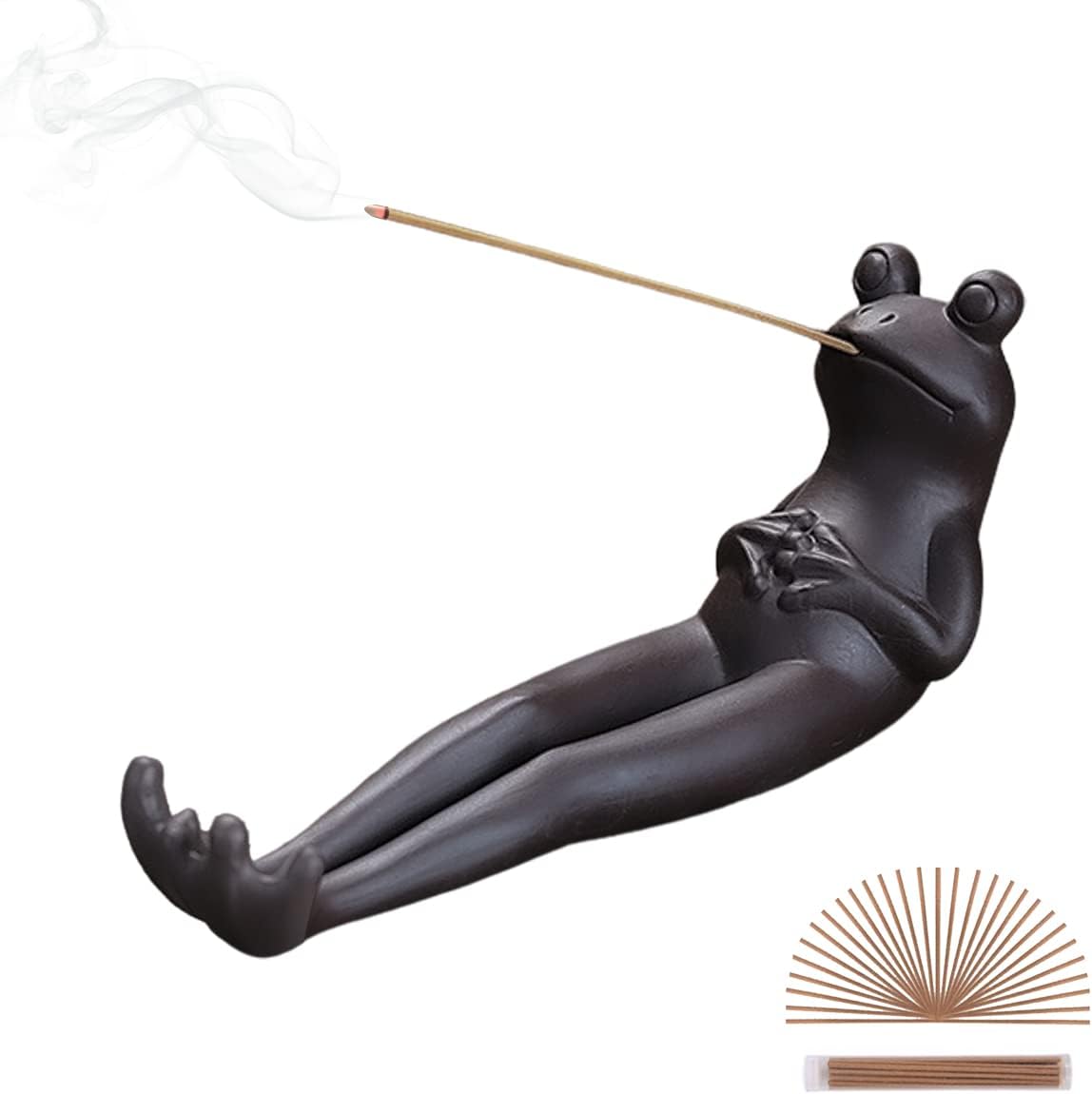 Frog Incense Holder Waterfall - Ceramic Cone Backflow Incense Burner Smoke Fountain, Back Flowing Incense Diffuser with 45 Sticks & 12 Cones, Frog Ornament for Aromatherapy/Yoga/Home Decor
