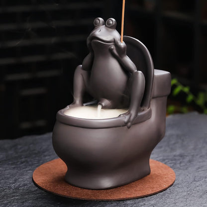 Frog Incense Holder Waterfall - Ceramic Cone Backflow Incense Burner Smoke Fountain, Back Flowing Incense Diffuser with 45 Sticks & 12 Cones, Frog Ornament for Aromatherapy/Yoga/Home Decor