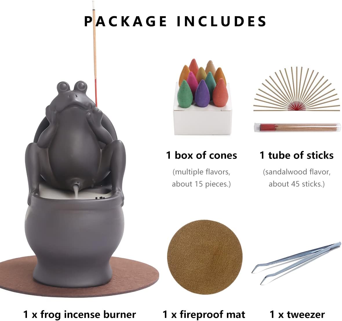 Frog Incense Holder Waterfall - Ceramic Cone Backflow Incense Burner Smoke Fountain, Back Flowing Incense Diffuser with 45 Sticks & 12 Cones, Frog Ornament for Aromatherapy/Yoga/Home Decor
