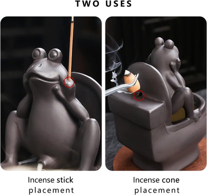 Frog Incense Holder Waterfall - Ceramic Cone Backflow Incense Burner Smoke Fountain, Back Flowing Incense Diffuser with 45 Sticks & 12 Cones, Frog Ornament for Aromatherapy/Yoga/Home Decor
