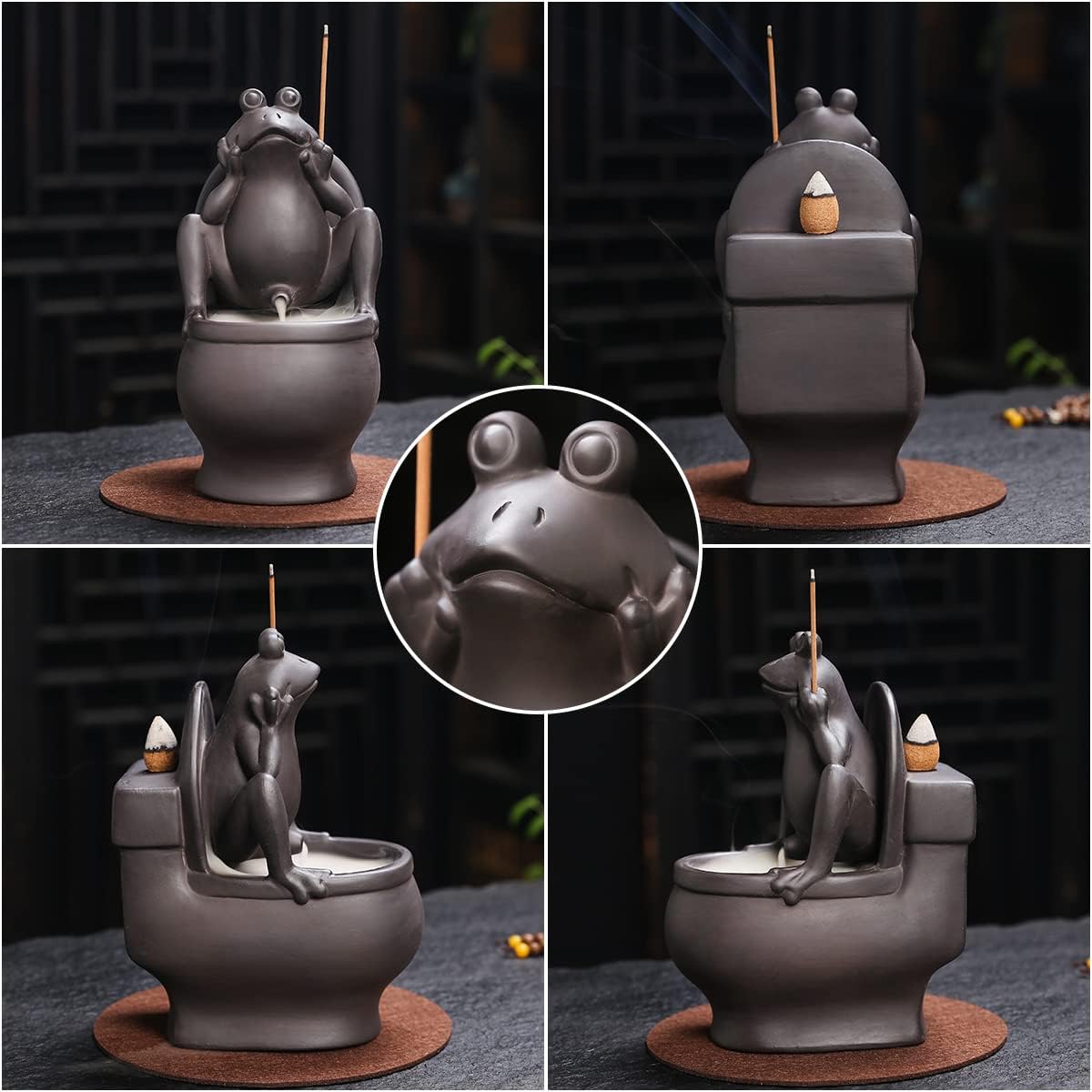 Frog Incense Holder Waterfall - Ceramic Cone Backflow Incense Burner Smoke Fountain, Back Flowing Incense Diffuser with 45 Sticks & 12 Cones, Frog Ornament for Aromatherapy/Yoga/Home Decor