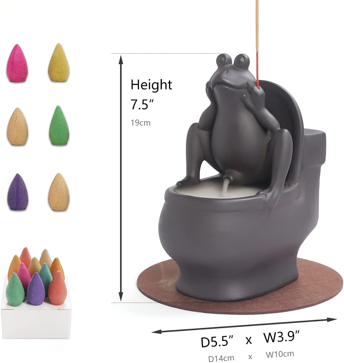 Frog Incense Holder Waterfall - Ceramic Cone Backflow Incense Burner Smoke Fountain, Back Flowing Incense Diffuser with 45 Sticks & 12 Cones, Frog Ornament for Aromatherapy/Yoga/Home Decor