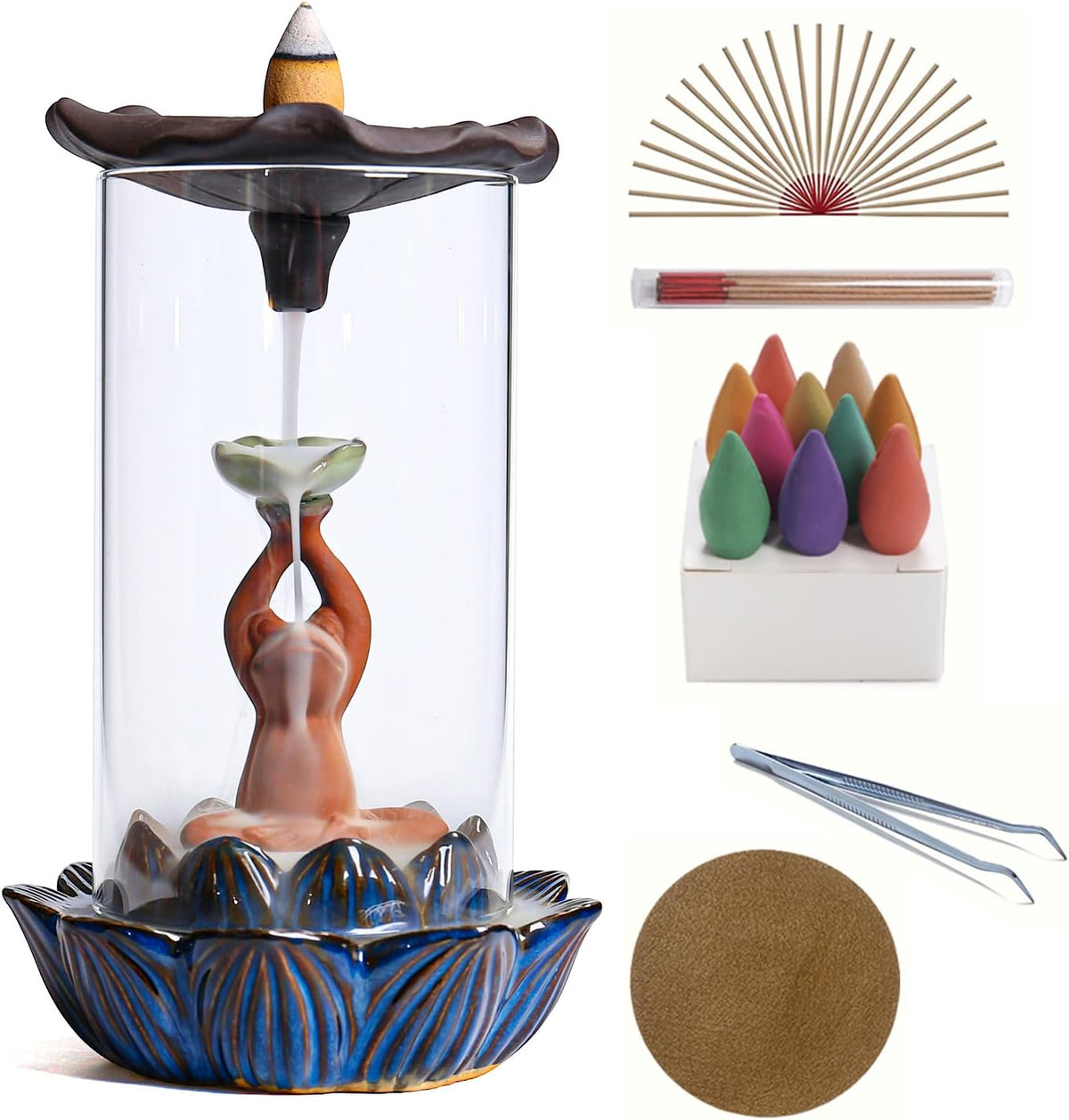 Frog Incense Holder Waterfall - Ceramic Cone Backflow Incense Burner Smoke Fountain, Back Flowing Incense Diffuser with 45 Sticks & 12 Cones, Frog Ornament for Aromatherapy/Yoga/Home Decor