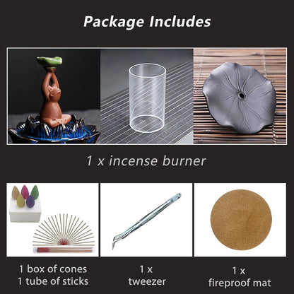 Frog Incense Holder Waterfall - Ceramic Cone Backflow Incense Burner Smoke Fountain, Back Flowing Incense Diffuser with 45 Sticks & 12 Cones, Frog Ornament for Aromatherapy/Yoga/Home Decor