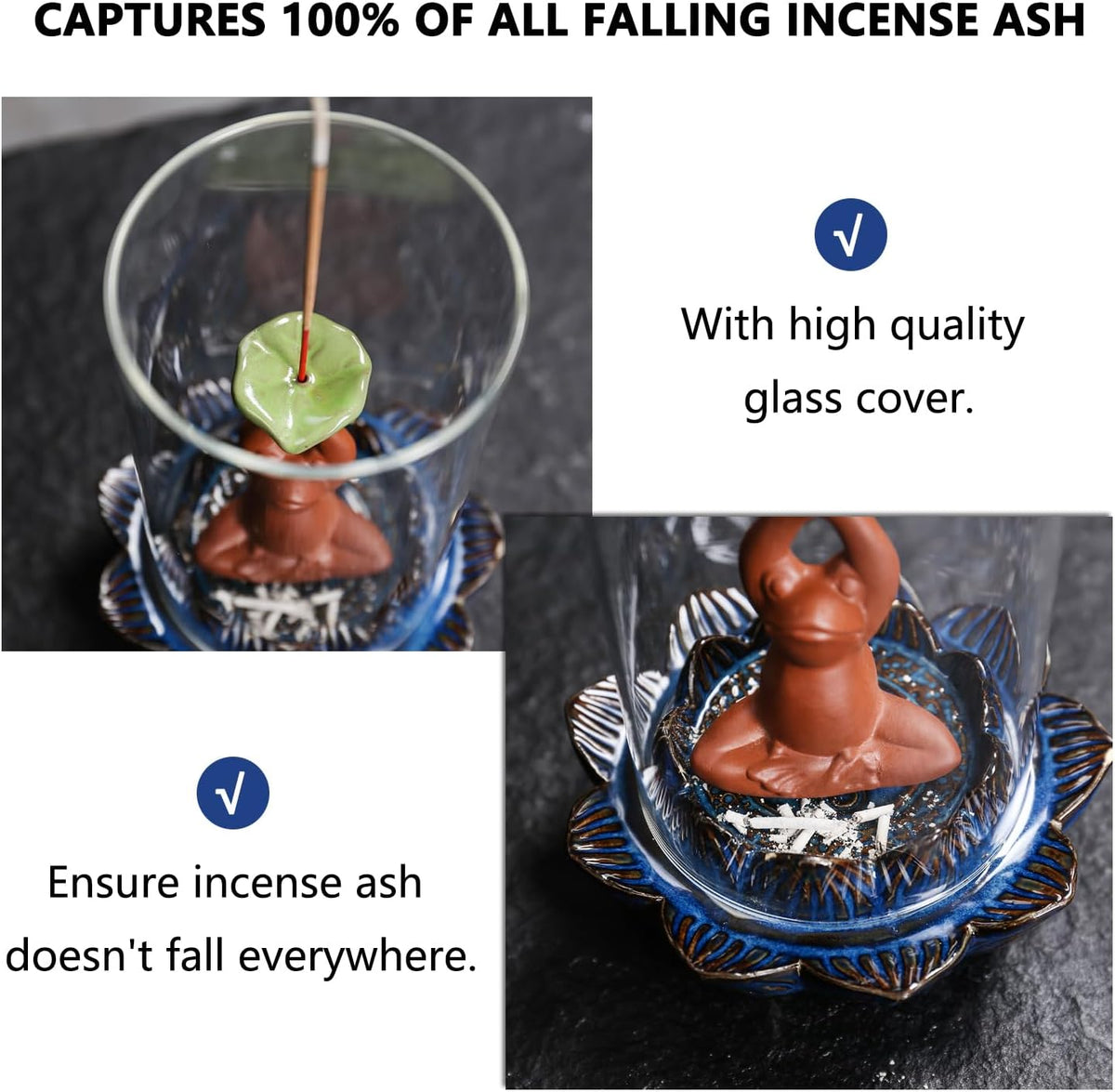 Frog Incense Holder Waterfall - Ceramic Cone Backflow Incense Burner Smoke Fountain, Back Flowing Incense Diffuser with 45 Sticks & 12 Cones, Frog Ornament for Aromatherapy/Yoga/Home Decor