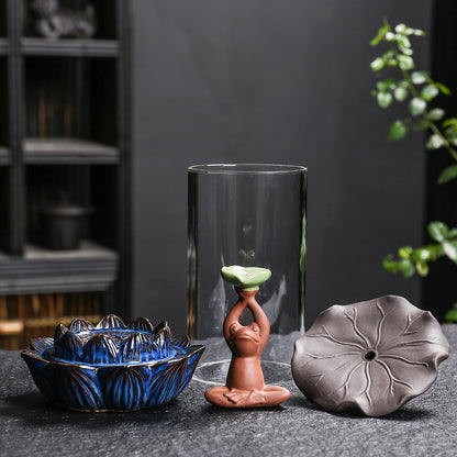 Frog Incense Holder Waterfall - Ceramic Cone Backflow Incense Burner Smoke Fountain, Back Flowing Incense Diffuser with 45 Sticks & 12 Cones, Frog Ornament for Aromatherapy/Yoga/Home Decor