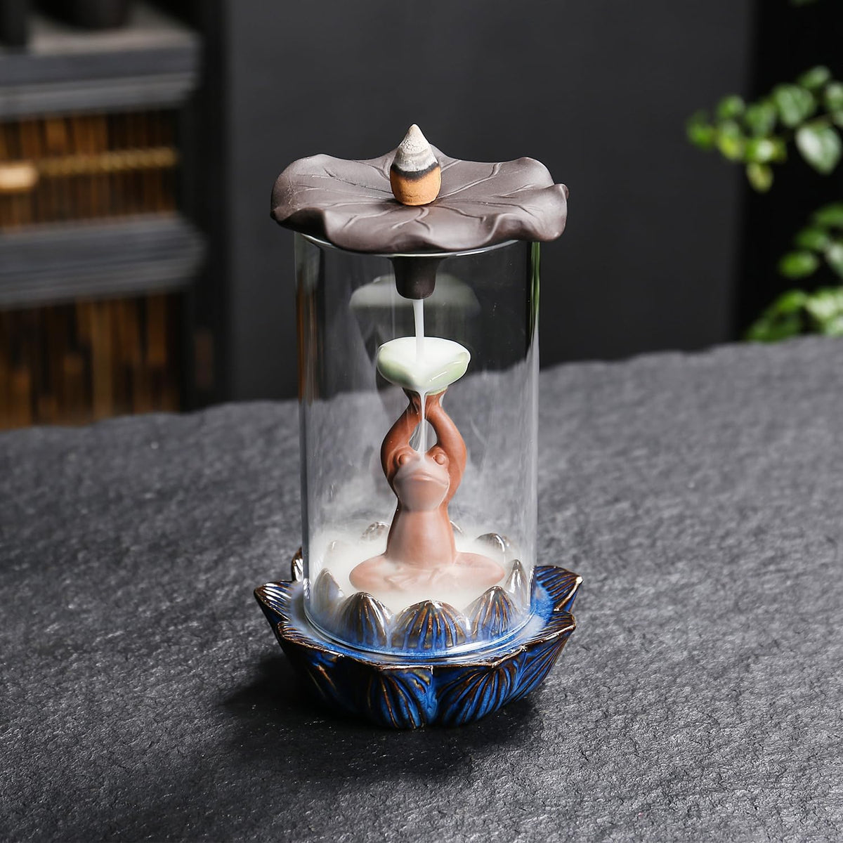 Frog Incense Holder Waterfall - Ceramic Cone Backflow Incense Burner Smoke Fountain, Back Flowing Incense Diffuser with 45 Sticks & 12 Cones, Frog Ornament for Aromatherapy/Yoga/Home Decor