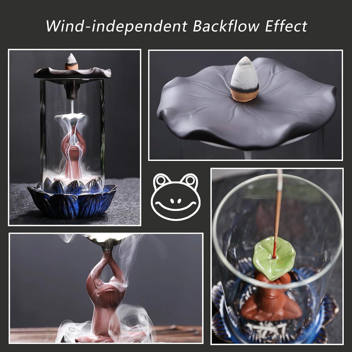 Frog Incense Holder Waterfall - Ceramic Cone Backflow Incense Burner Smoke Fountain, Back Flowing Incense Diffuser with 45 Sticks & 12 Cones, Frog Ornament for Aromatherapy/Yoga/Home Decor