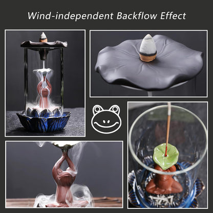 Frog Incense Holder Waterfall - Ceramic Cone Backflow Incense Burner Smoke Fountain, Back Flowing Incense Diffuser with 45 Sticks & 12 Cones, Frog Ornament for Aromatherapy/Yoga/Home Decor