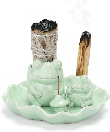 Frog Incense Holder Waterfall - Ceramic Cone Backflow Incense Burner Smoke Fountain, Back Flowing Incense Diffuser with 45 Sticks & 12 Cones, Frog Ornament for Aromatherapy/Yoga/Home Decor