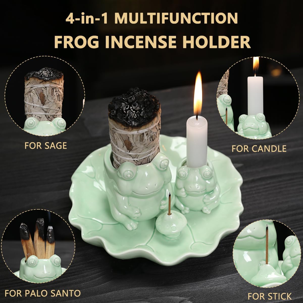 Frog Incense Holder Waterfall - Ceramic Cone Backflow Incense Burner Smoke Fountain, Back Flowing Incense Diffuser with 45 Sticks & 12 Cones, Frog Ornament for Aromatherapy/Yoga/Home Decor