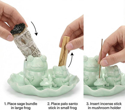 Frog Incense Holder Waterfall - Ceramic Cone Backflow Incense Burner Smoke Fountain, Back Flowing Incense Diffuser with 45 Sticks & 12 Cones, Frog Ornament for Aromatherapy/Yoga/Home Decor