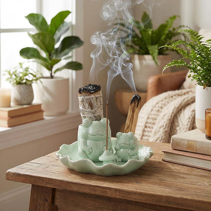 Frog Incense Holder Waterfall - Ceramic Cone Backflow Incense Burner Smoke Fountain, Back Flowing Incense Diffuser with 45 Sticks & 12 Cones, Frog Ornament for Aromatherapy/Yoga/Home Decor