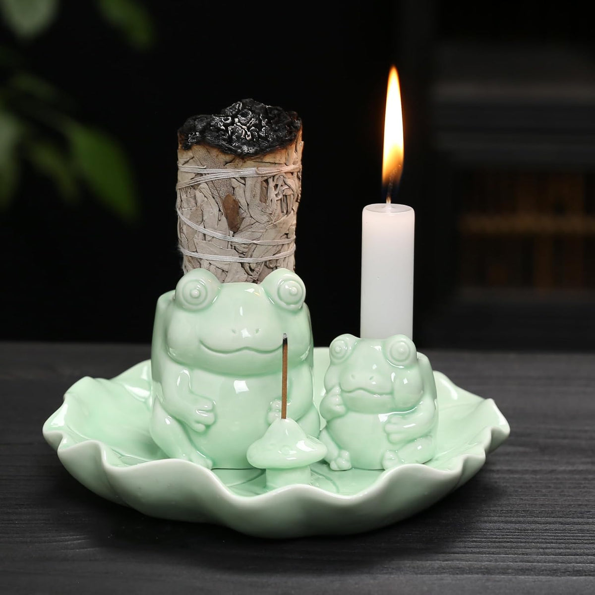 Frog Incense Holder Waterfall - Ceramic Cone Backflow Incense Burner Smoke Fountain, Back Flowing Incense Diffuser with 45 Sticks & 12 Cones, Frog Ornament for Aromatherapy/Yoga/Home Decor